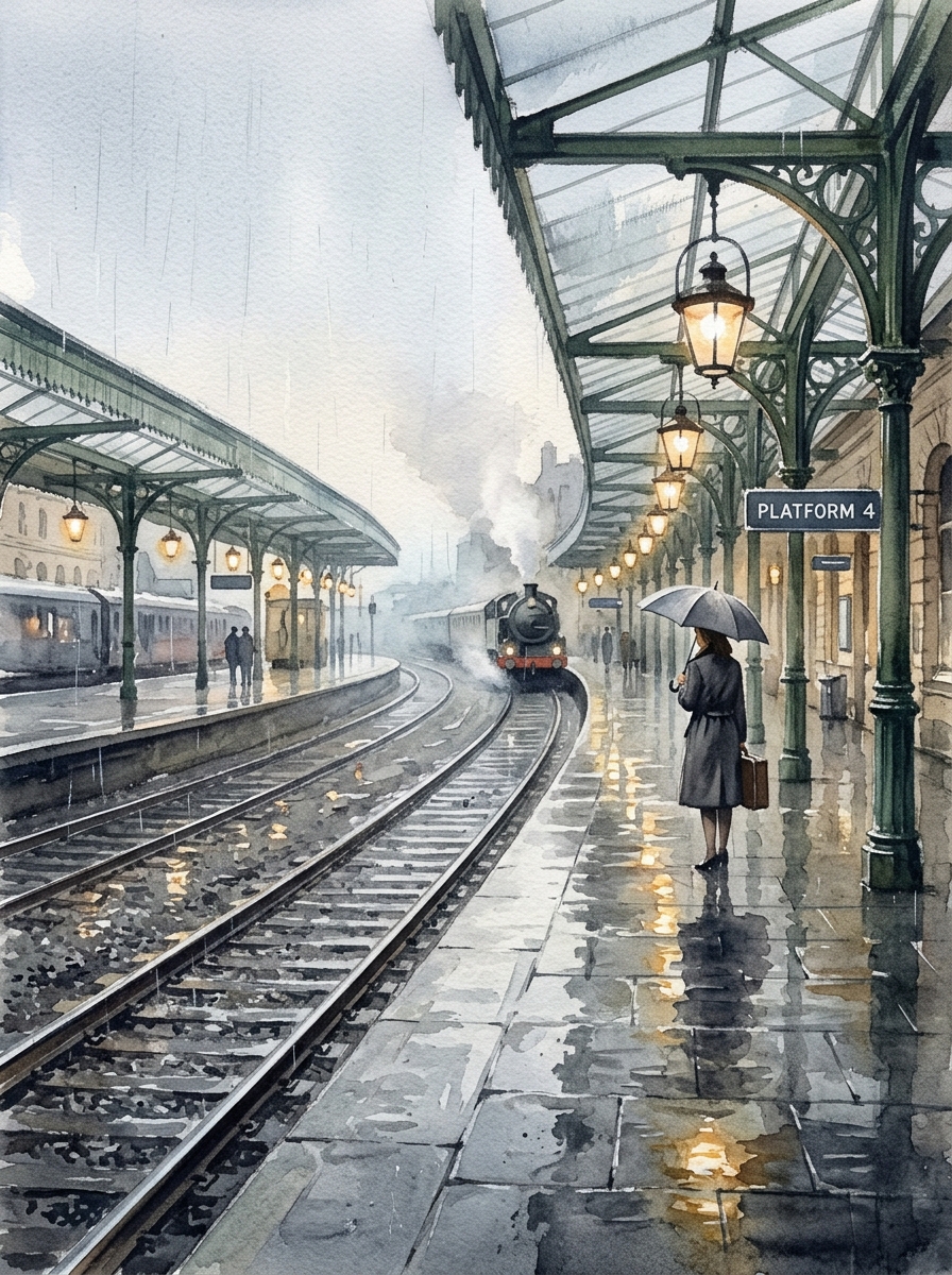 细雨水痕中的露天车站月台与湿润反光